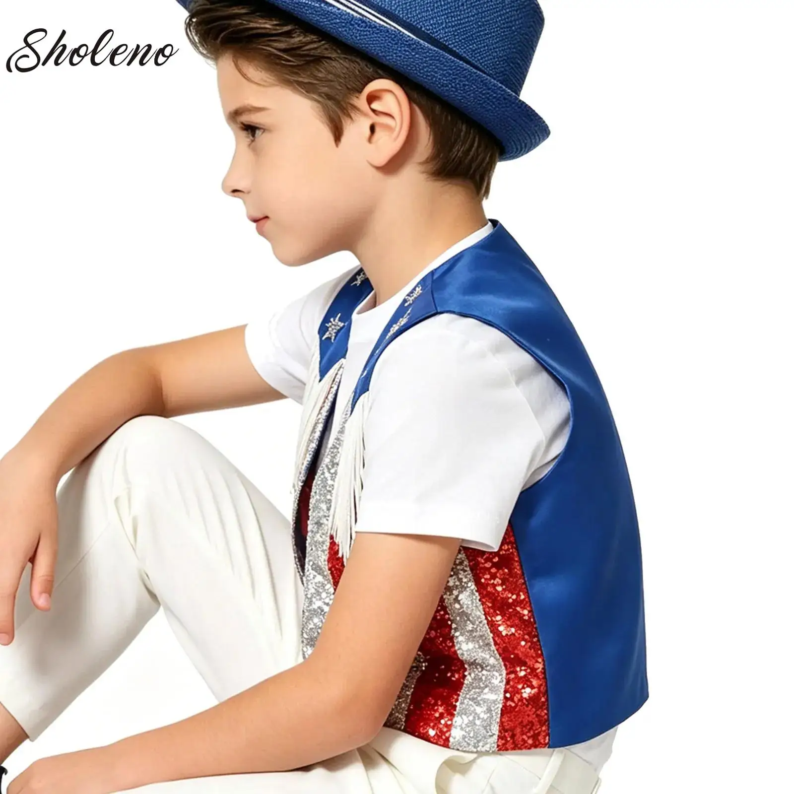 

Kids Boys Jazz Hip Hop Dance Vest July 4th Independence Day Costume Tassel Sequin Sleeveless Tops Stage Performance Dancewear
