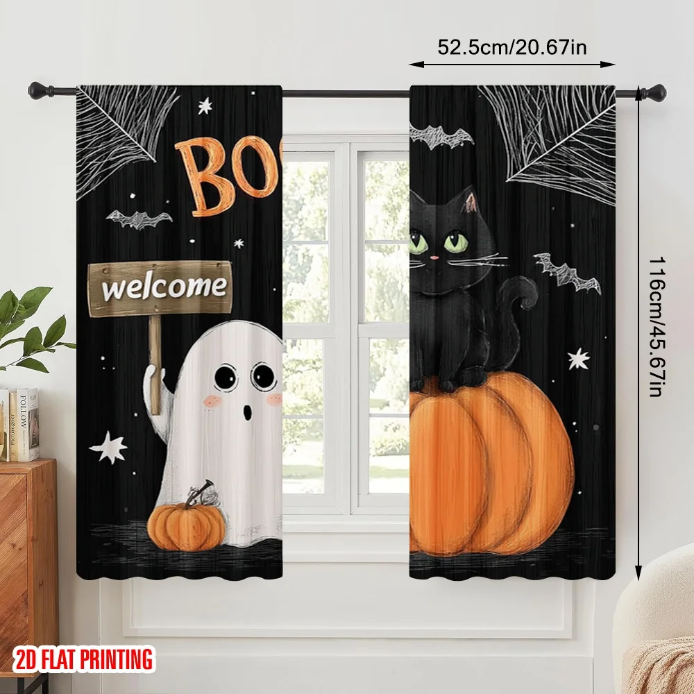 2pcs,2D plane printing Print Curtains Black Cat_ Bats & Pumpkins Durable 100% Polyester Fabric (without rod) Decorations For