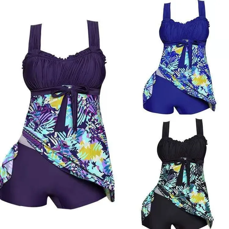 Plus Size Bikini Woman Tankini Ruched Bust Bikinis Tropical Print High Waisted Two Piece Swimsuit Adjustable Tie Waist Swim