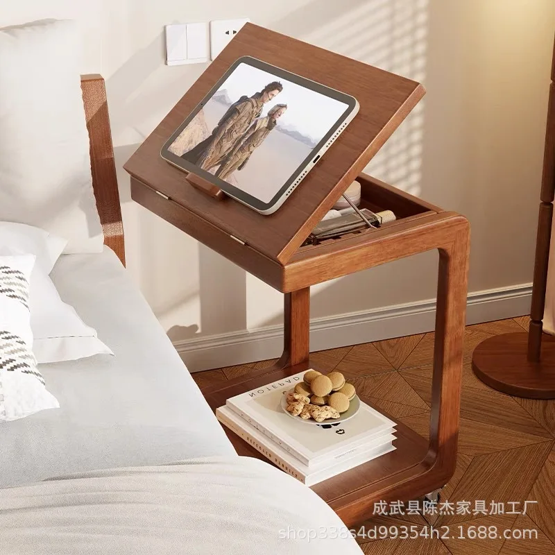 

Solid wood mobile small coffee table household with wheeled edge bedroom multi-functional clamshell bedside table living room so