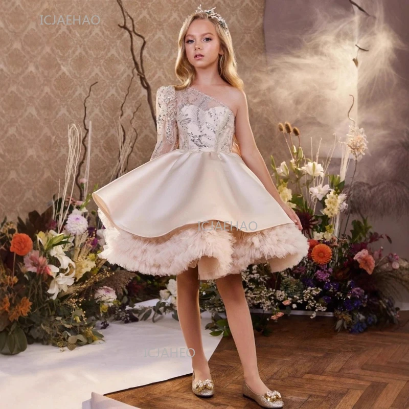 Girls Sequin One Shoulder Princess Dress Children Puffy Gown for Model Show Pageant Party Formal Evening Kids Costumes Dresses