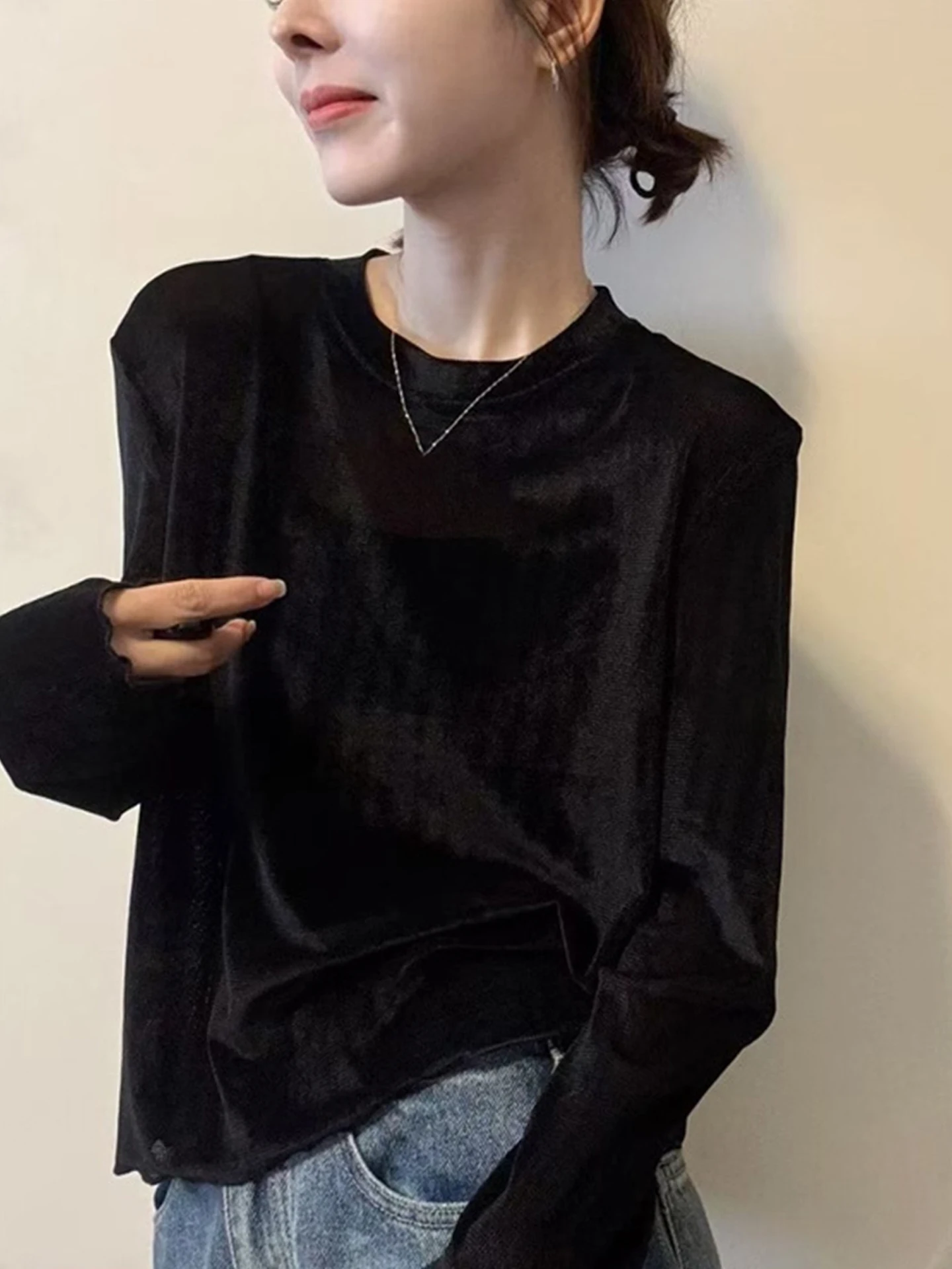 Ele Color Long Sve Round Ne Base Irt Frühherbst Top Einfaches koreanisches Sle Commute Wind Straight Tube T-Shirt