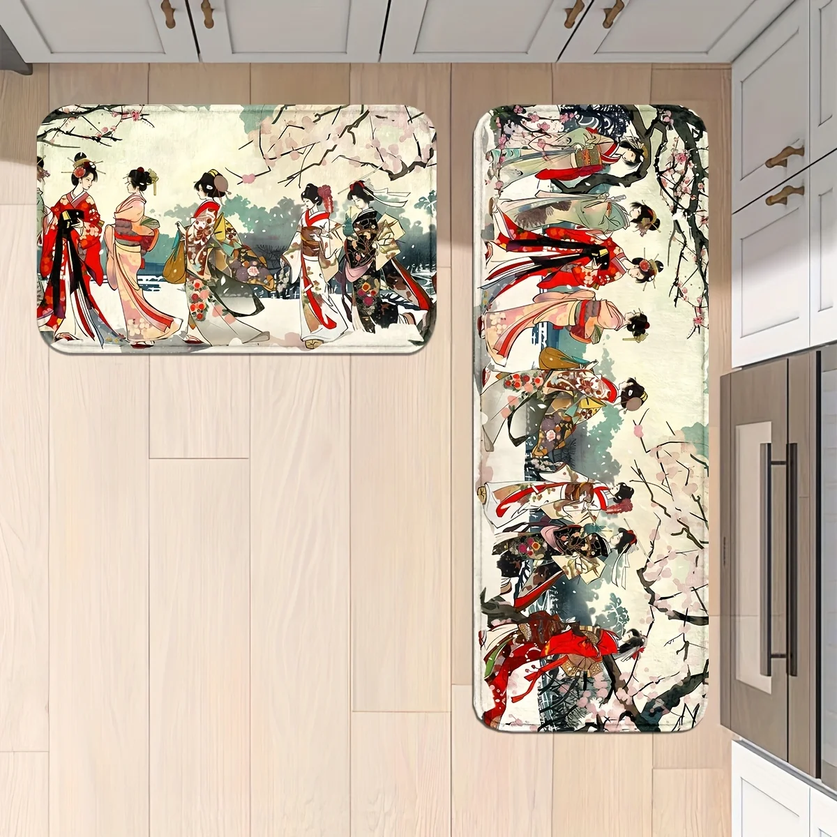 VIKAMA Japanese Ukiyo-e Carpet Cherry Blossoms Kimono Women's Non slip Machine Washable Kitchen Entrances Bedroom Decoration