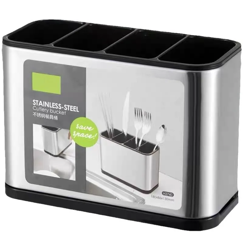 

High quality 3 in 1 silver surface cutlery drain rack stainless steel bottom drain kitchen countertop cutlery storage rack