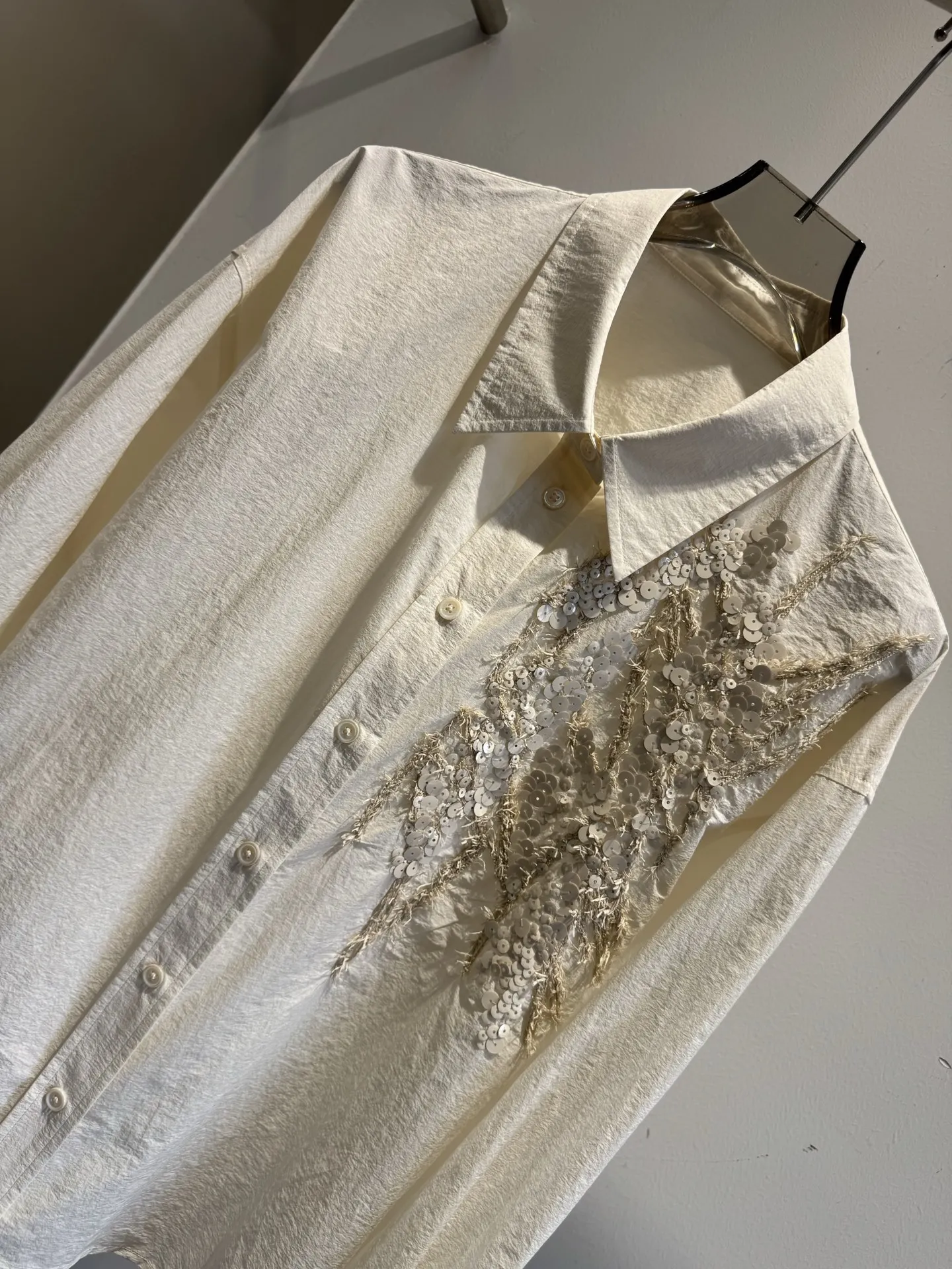 2026 Women's Summer Two-Piece Set: Embroidered Sequin Button-Down Shirt and Elastic-Waist Shorts