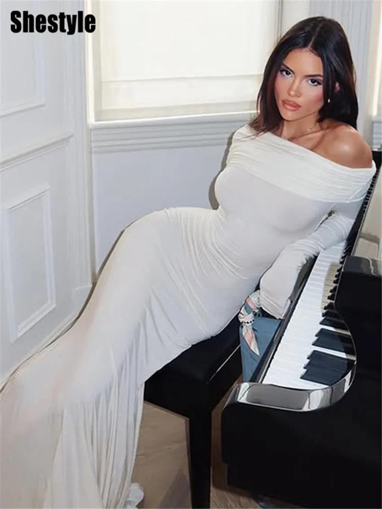 Shestyle الأبيض قبالة الكتف البوق فستان طويل المرأة الصلبة أنيقة نعمة مائل الرقبة التداخل Bodycon تاريخ الملابس 2025 جديد