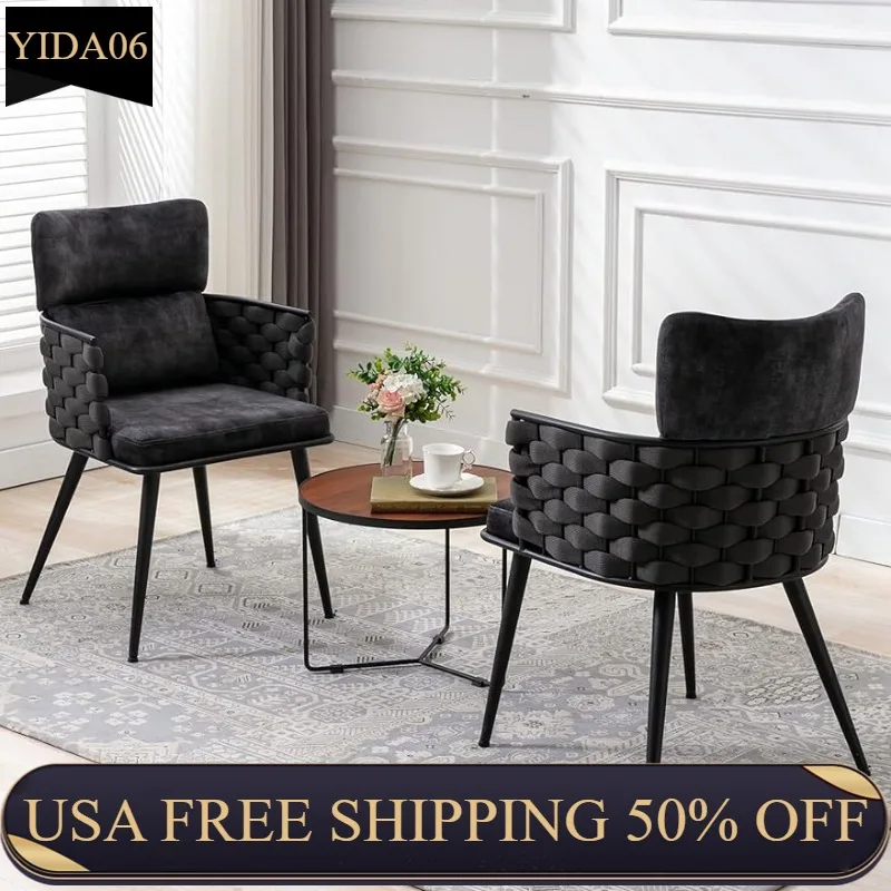 

BFZ Mid-Century Modern Dining Chairs Set of 2, Handmade Woven Kitchen Chairs, Upholstered Velvet Dining Chairs with Metal Legs