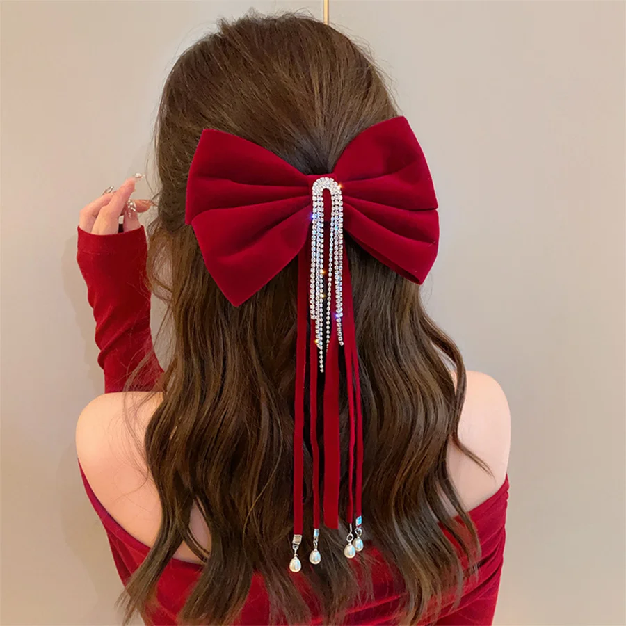 

New red crystal bow headdress for ladies bride engagement wedding hairpin spring clip Korean fashion high-end hair accessories