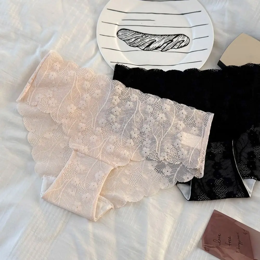 

4Pcs Mid Waist Mesh Flower Panties Cotton Crotch Underpants Lace Briefs Female Lingerie Breathable Underwear for Women Lady