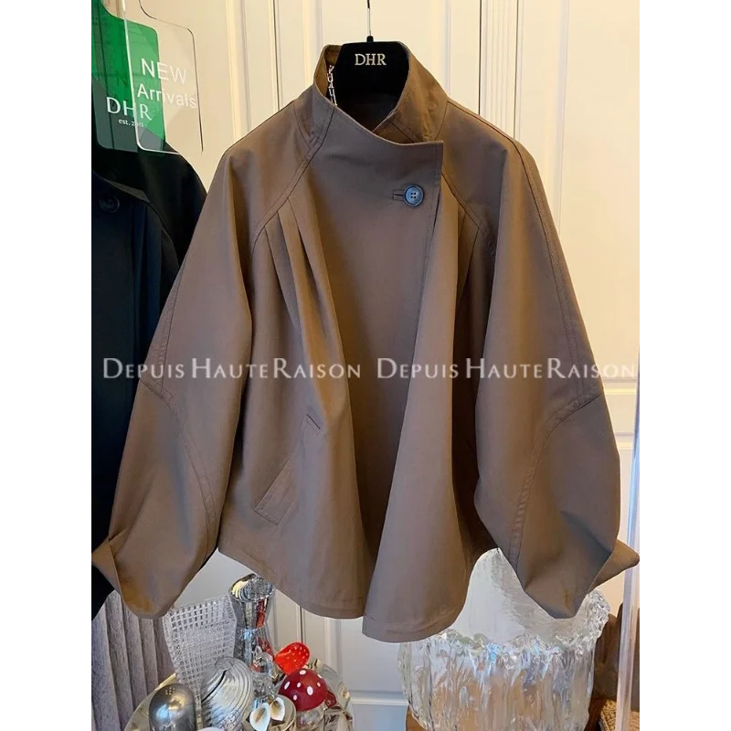 

Temperament Versatile Retro Stand Collar Windbreaker Early Spring Jacket Solid Color Fashionable Loose Top Autumn New Cardigan