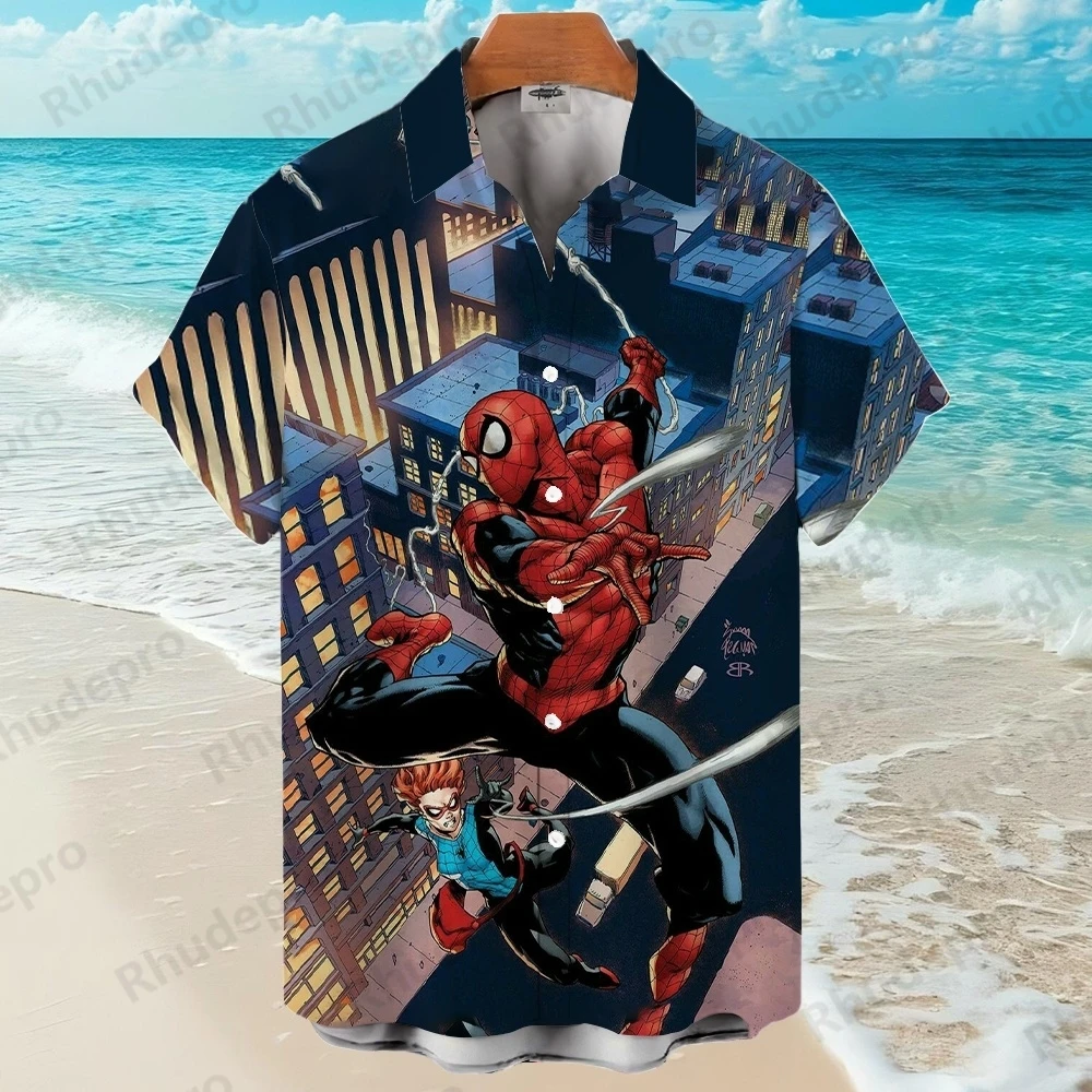 ディズニーメンズアロハシャツスパイダーマンスーパーヒーロー印刷半袖シャツ Ropa カジュアルパラ Hombres Chalas Hombre Verano