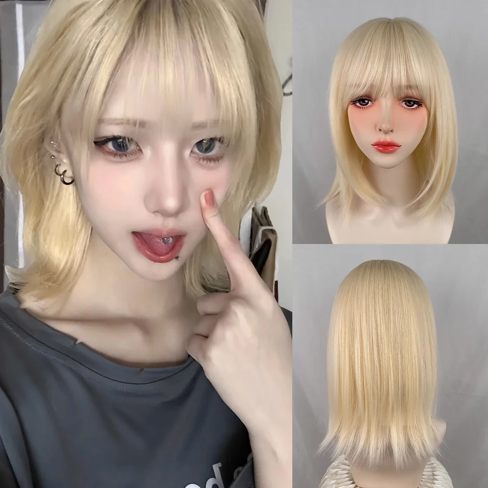 

Light Blonde Women Lolita Cosplay Synthetic Wigs Short Straight Fluffy Heat Resistant Wigs with Bangs for Daily Party