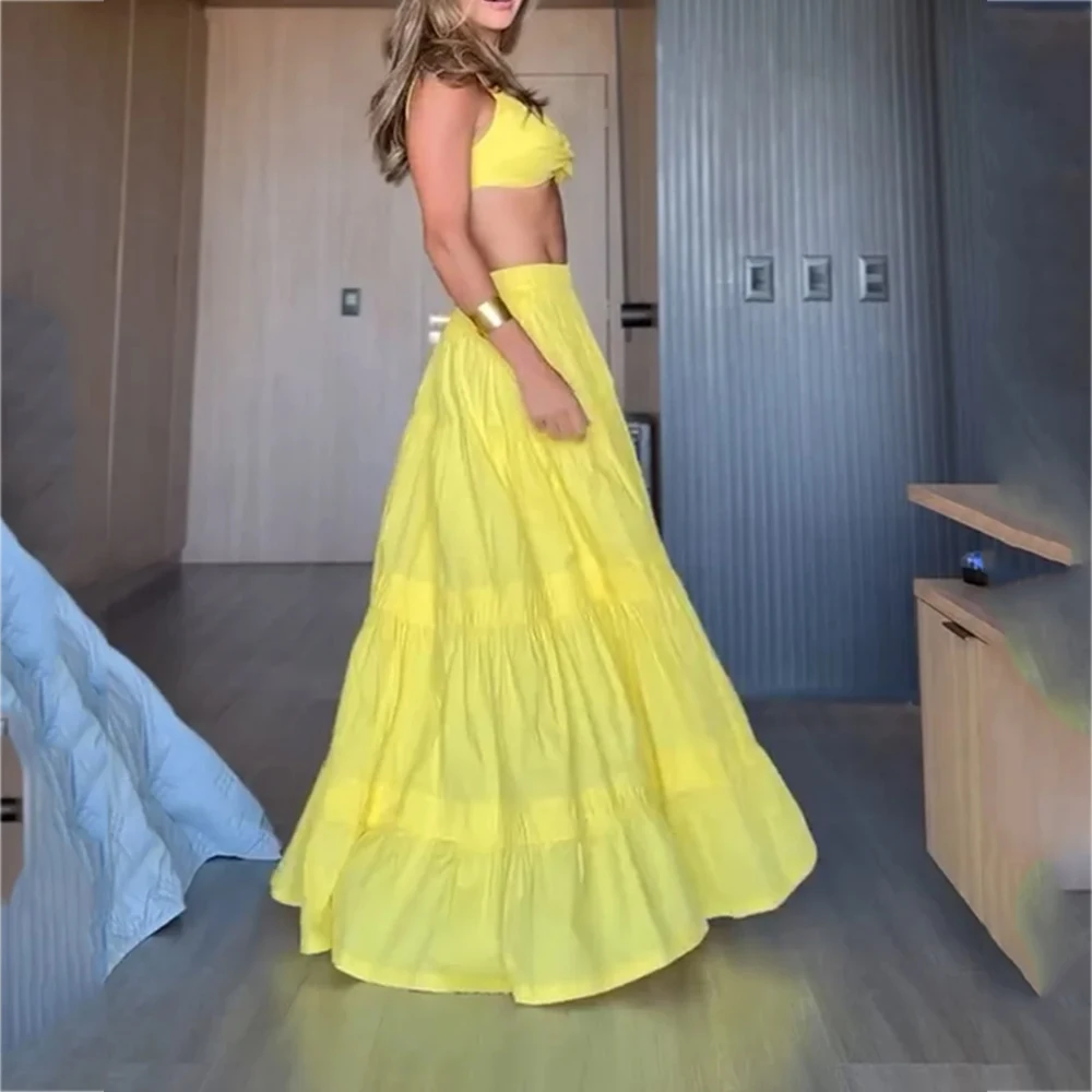 LIYONG 2025 New Summer Vacation Dress Sets Sexy Bra Top and Long Skirt Women's Two Piece Set Party Suit Elegant Solid Holiday