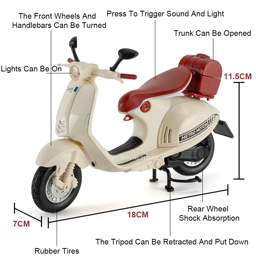 Tricycle 1:12 946 rétro, modèle de moto, jouet, voiture, son, lumière, Absorption des chocs, livraison Express, modèles de véhicules, cadeaux de Collection