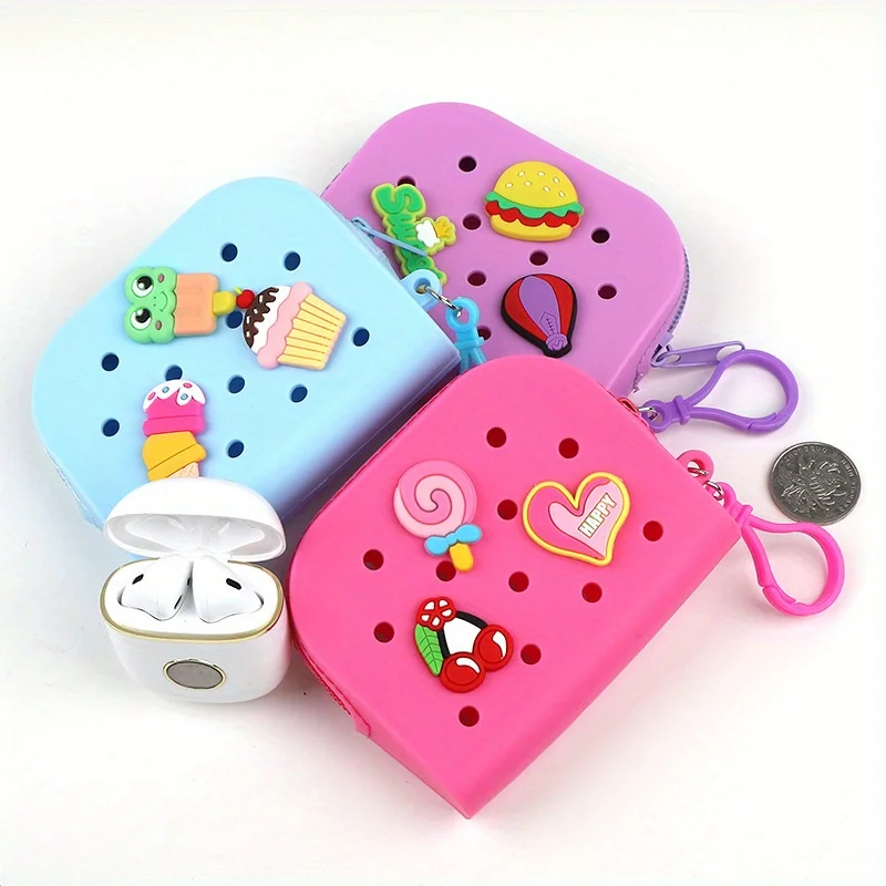 DIY Cartoon Silicone Wallet With Hole Design, Small Storage Bag For Coin Earphones Key, Card Bag Coin Purse Backpack Pendant Bag