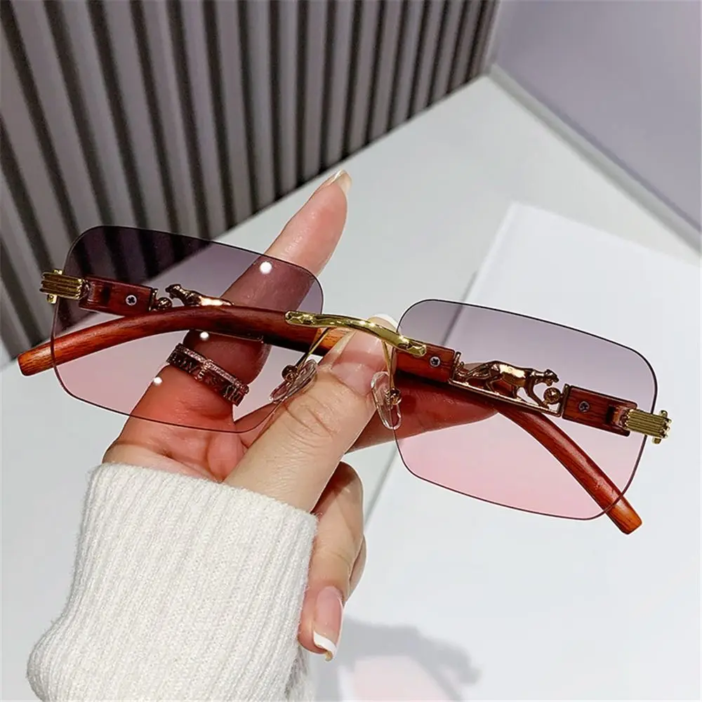 Metal Temples Rimless Cut Edge Sunglasses UV400 Cool Rectangle Sun Glasses Unique Summer Traveling Eyewear