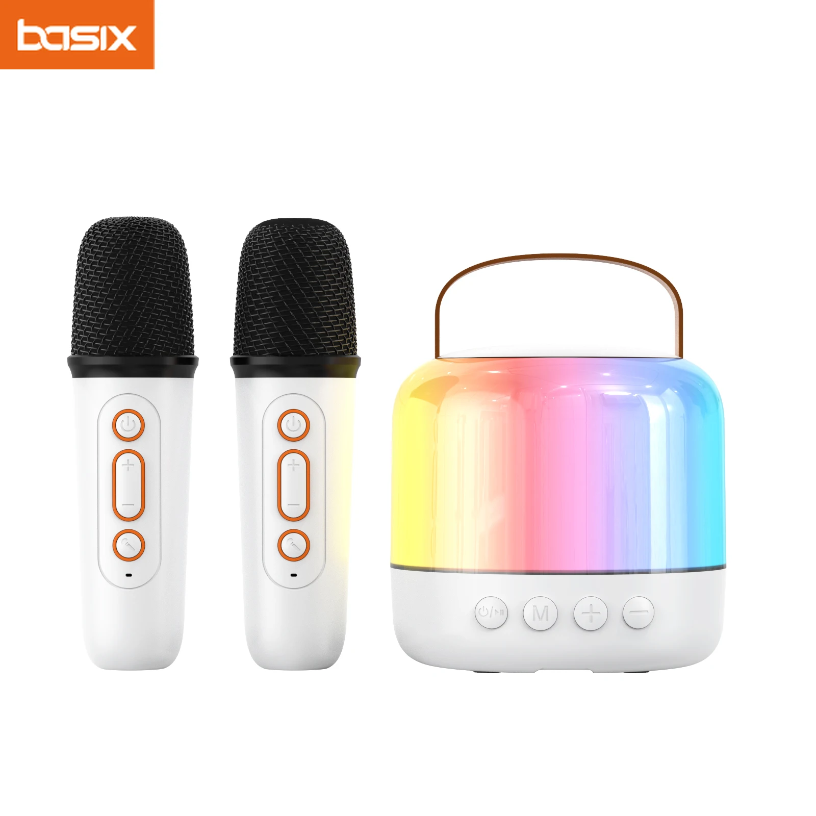 Basix-Mini Karaoke Speaker com 2 microfones sem fio para crianças, BT Speaker com microfone, LED portátil, melhor presente