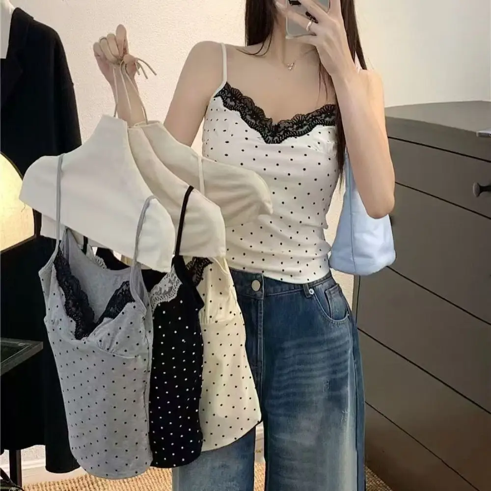 

Lace Ruffled Dots Sling Vest Top Tank Sleeveless Camisole with Pads Spicy Girl Style Bottoming Shirt Y2K Slim Crop Top Summer