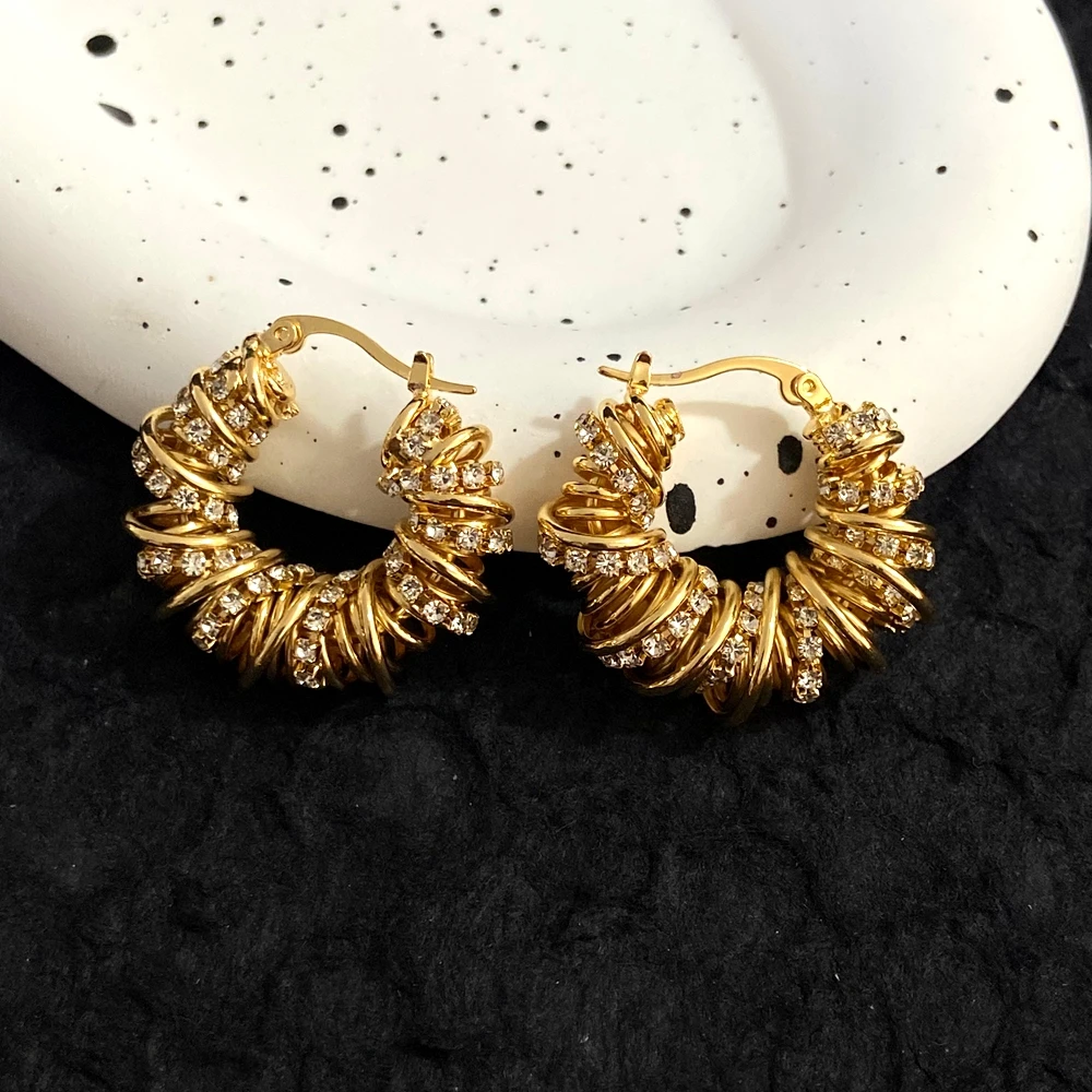 Autumn Trendy Earrings with Spring Winding Design, Personalized Ear Buckle Weaving Process, Zircon Inlaid Earrings for Women