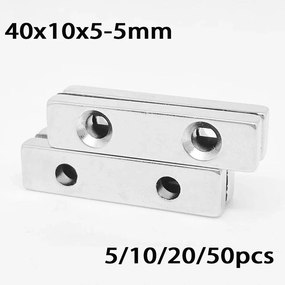 

40x10x5-5mm Square Rectangle Magnets with Double Holes Nickel Plated Rare Earth Magnets Super Strong Fridge Stickers Magnets