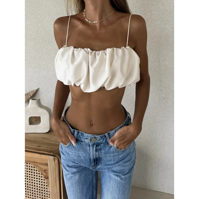 Sexy Backless Flower Bud Fold Camisole Spring and Summer Women's Chic Loose Soft Beach Travel Vacation Casual Base Camisole Top