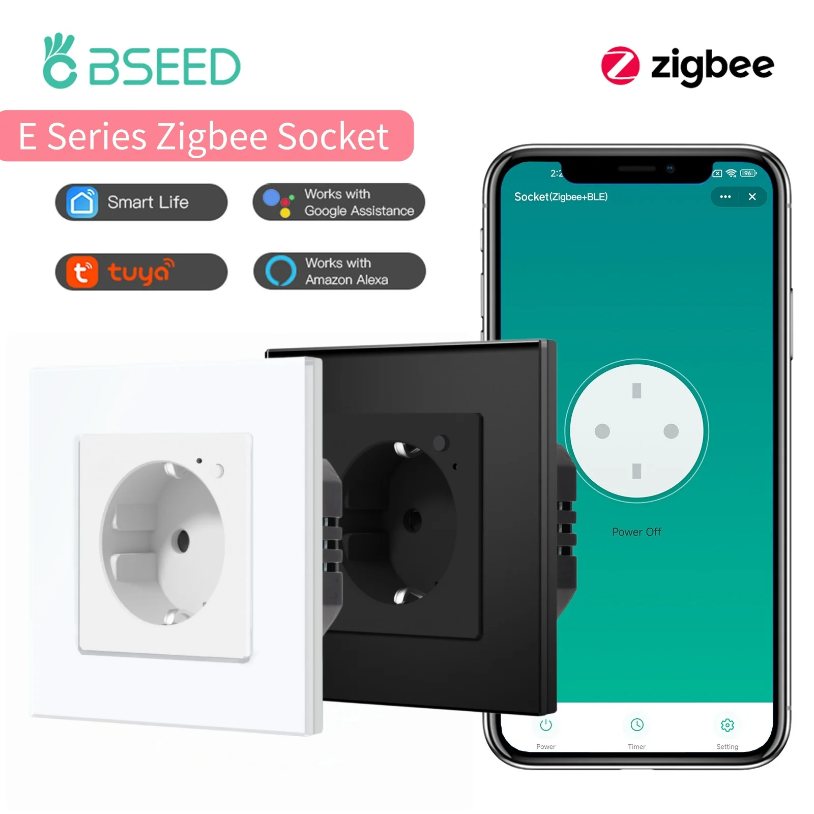 BSEED E-Serie Zigbee Smart-Steckdose Kristallglas-Rahmen EU-Standard Kompatibel mit Tuya App Google Assistant Alexa Sprachsteuerung Sicherer Stecker Schwarz Weiß