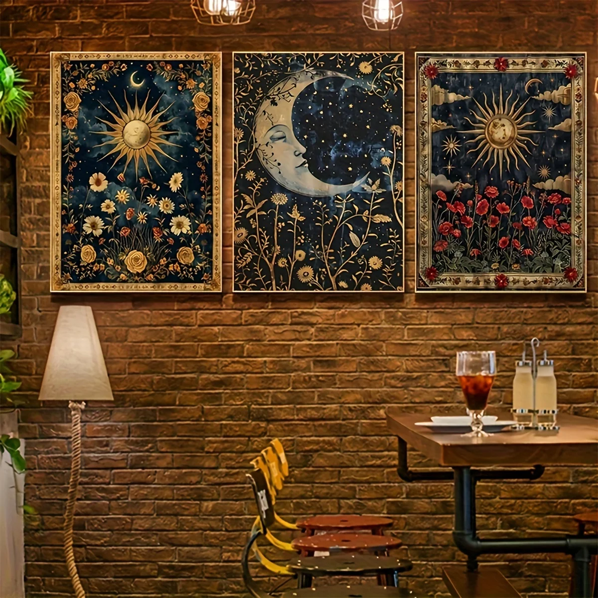 3pcs frameless Canvas Painting 3pcs/set Retro Crescent Moon Sun Plant Canvas Print Beautiful Floral Celestial Theme Landscape Wa