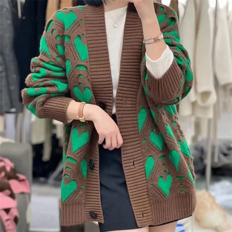 Women Print Button Cardigan Sweaters V Neck Splice Knit Thick Jumpers Hollow Vintage Long Sleeve Elegant Lady Autumn Winter