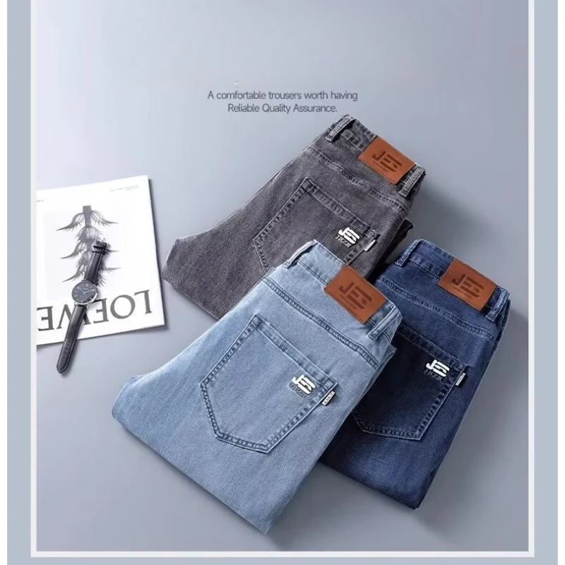 

28-36 Big Size Men's Soft Business Casual Denim Trousers Straight Jeans Pants Fashion Male Brand Light Luxury Stretch Clothing