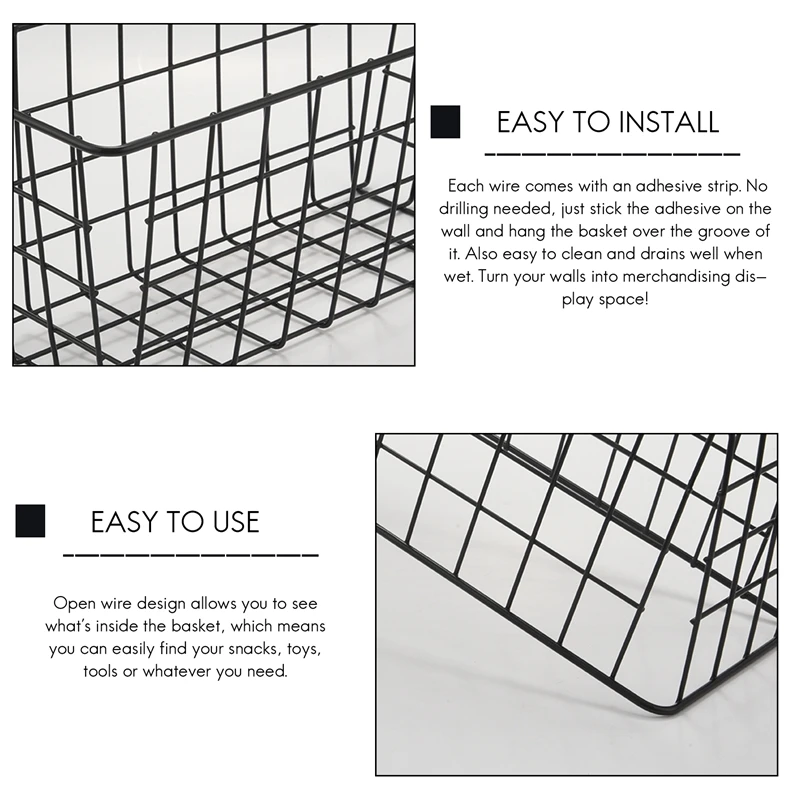 Adesivo resistente cestas de armazenamento sem perfuração, cozinha, comida, despensa, prateleira do banheiro, montado na parede, preto, novo, 2 Pack