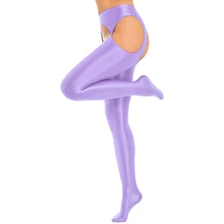 Woman's Oil Silk Glossy Tights Pantyhose Crotchless Hollow Out Butt Thigh High Stockings Pants Glossy Leggings with Stocks
