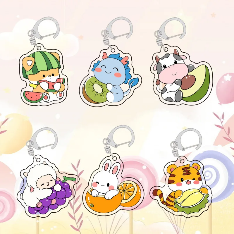 Cartoon Cute Zodiac Keychain Acrylic Pendant Fruit Animal Bag Decoration Pendant Backpack Jewelry Accessories Gift Creative
