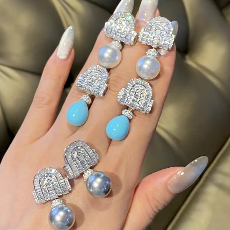 

KQDANCE Luxury 925 Silver Zircon Synthetic White Gray Pearl Blue Turquoise Gemstone Water Drop Earrings Women's Fine Jewelry