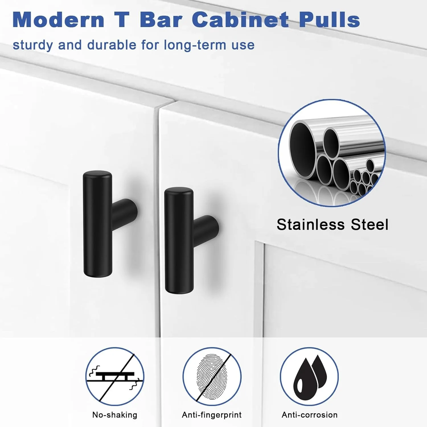 Matte Black T Bar Cabinet Knobs 30Pack Stainless Steel Single Hole Drawer Knobs for Kitchen Bathroom Cupboard Dresser Hardware