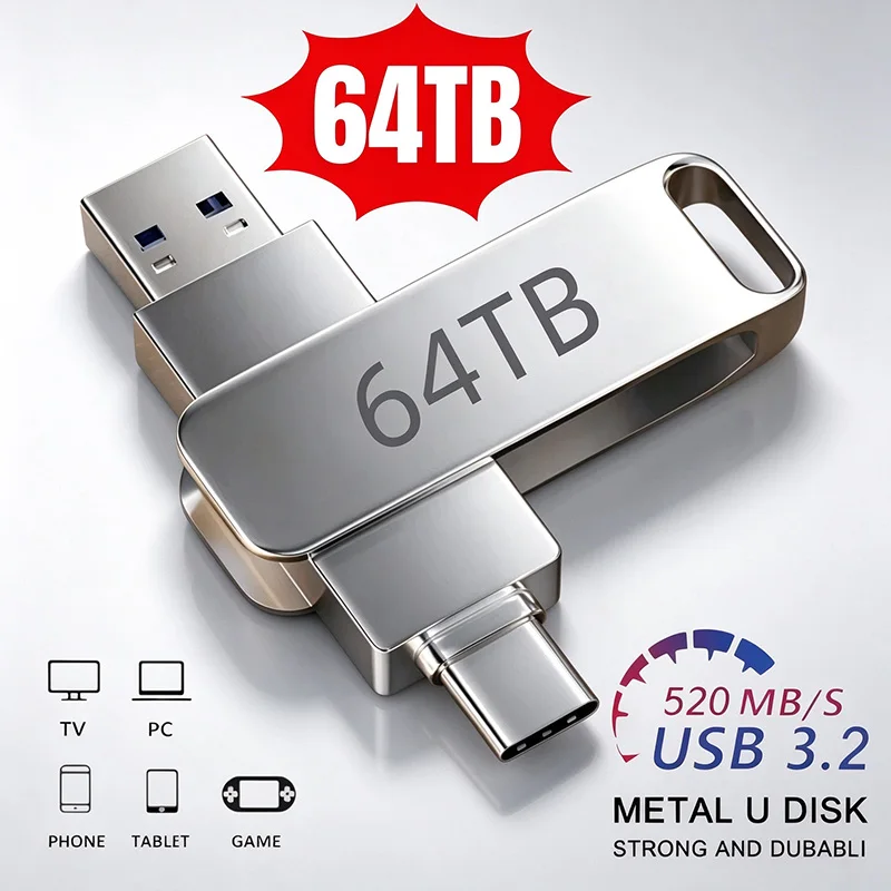 64TB USB 3.2 Flash Drive High Speed 16TB 8TB 4TB 2TB Type-C 2-In-1 OTG Pendrive Waterproof Metal U Disk For Computer Phone