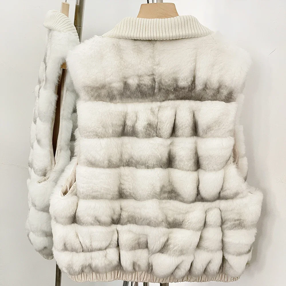 OFTBUY Strickkragen, Reißverschluss, beidseitig tragbar, Pelzweste für Damen, wendbar, aus echtem Kaninchenfell, neue Winterpelzbekleidung für Frauen – Detail 16