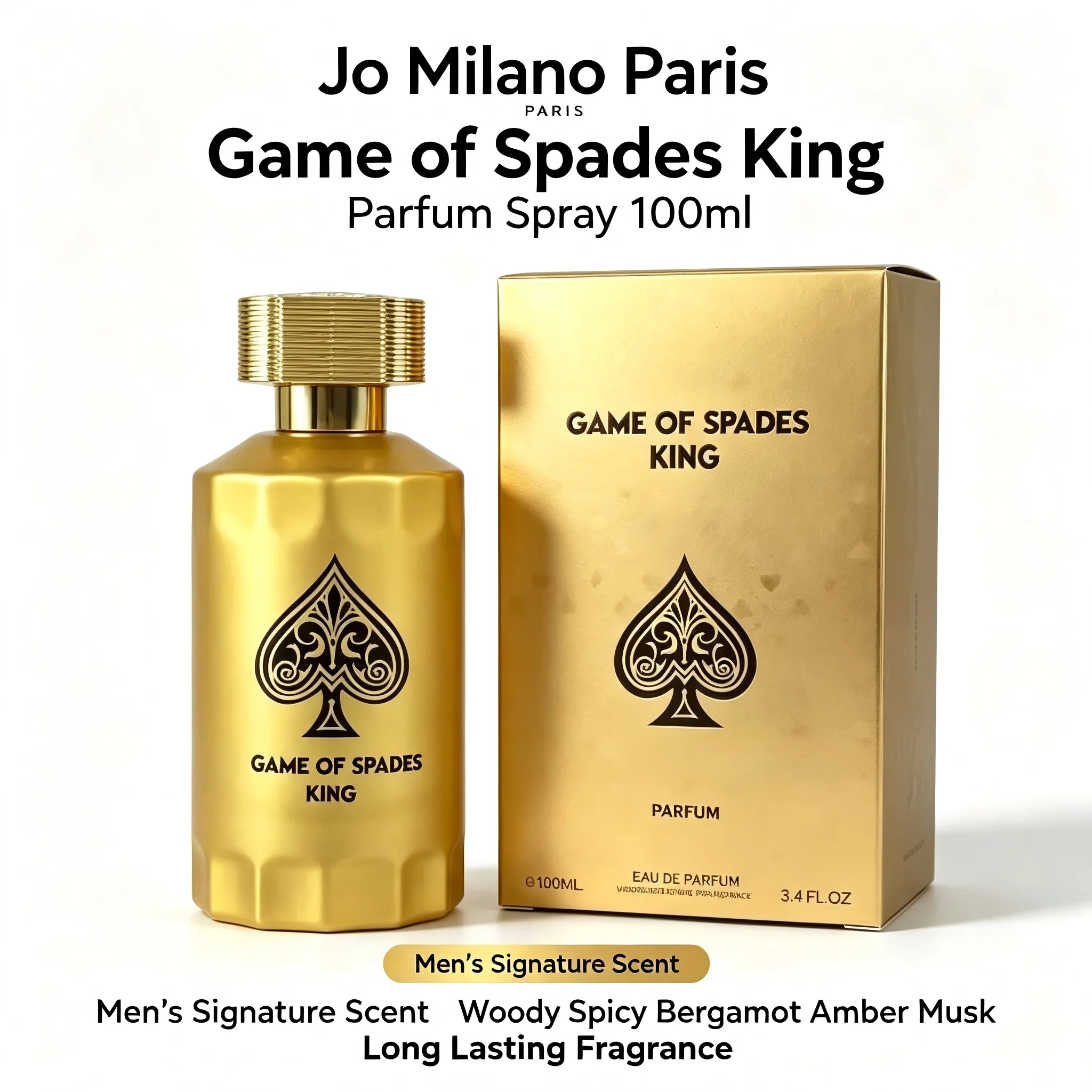 New Arrival Jo Milano Game Of Spades King Parfum 100ml 3.4oz Gold Flacon Perfume Woody Amber Spicy Fresh Citrus Long Lasting Fragrance Men Labor Day Halloween Thanksgiving Black Friday Cyber Monday Christmas Gift Idea Best Seller Fast US Shipping Spray view 5
