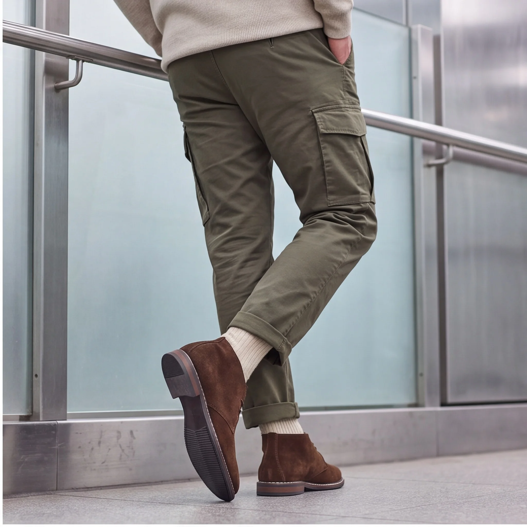 Men's Boots Genuine Cow Suede Low Block Heel Boots For Man Casual Wear Man Boots Ankle-High Shaft Two-Eyelet Lacing