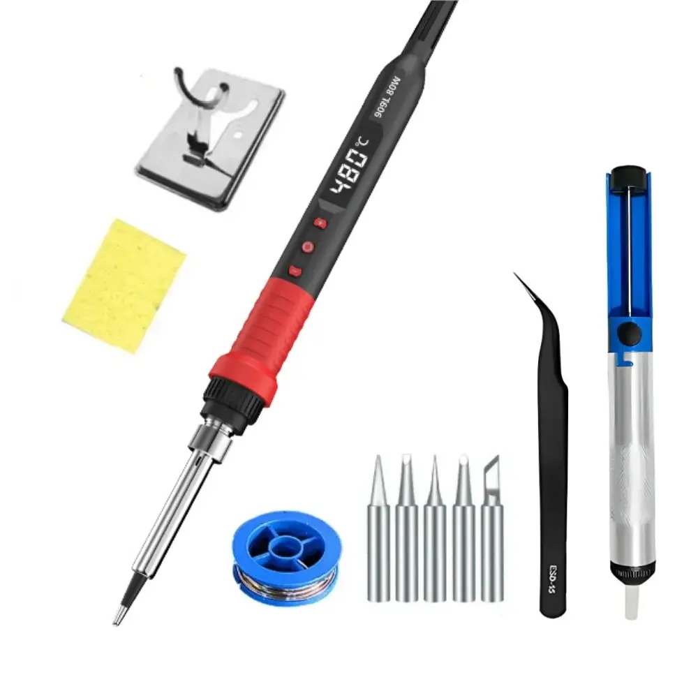 80W Soldering Iron Kit Adjustable Temperature LCD Solder Welding Tools Ceramic Heater Soldering Tips Tweezers Soldering Wire