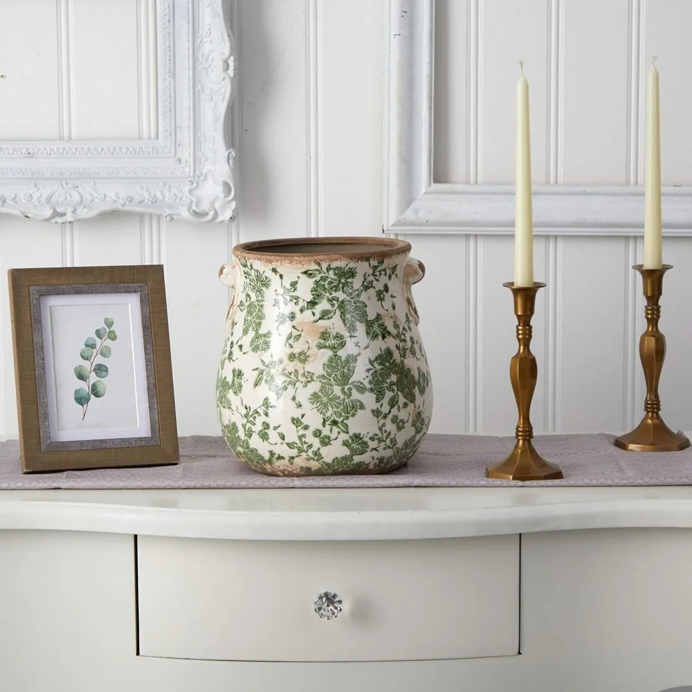 10 inci. Vas Dekoratif Keramik Tuscan Hijau dengan Motif Gulungan untuk Dekorasi Dalam Ruangan