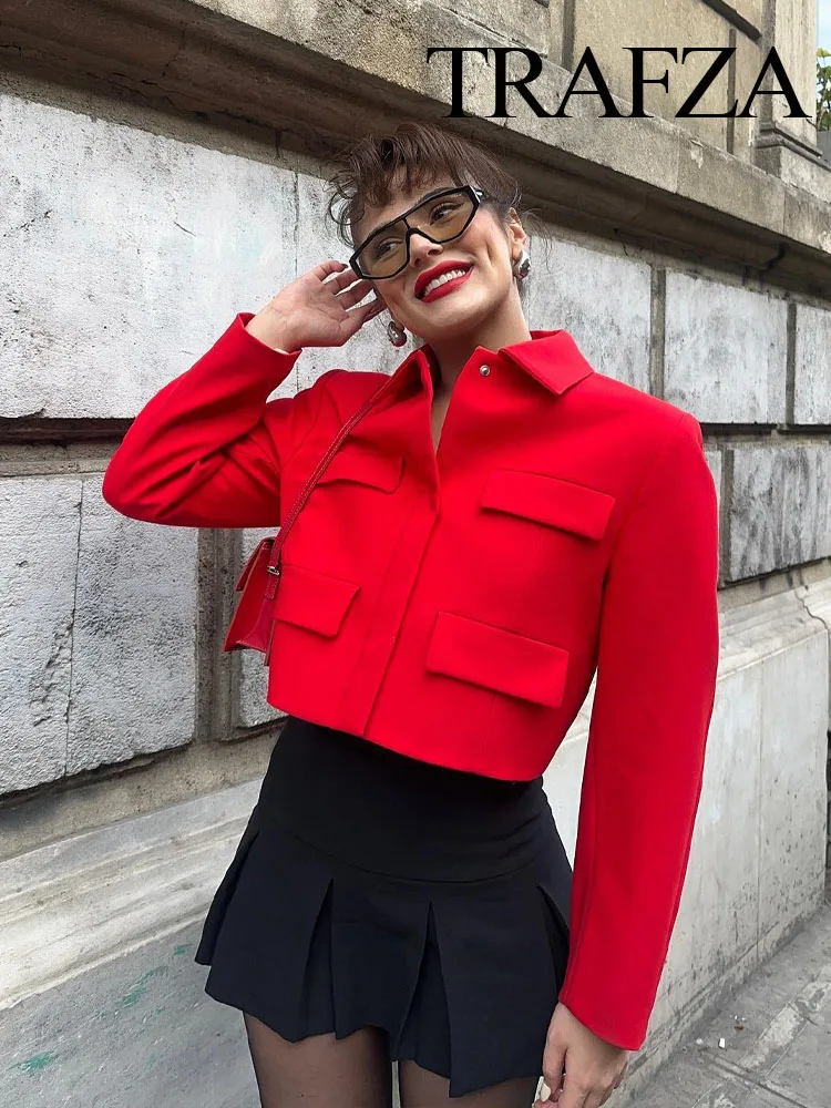 TRAFZA Autumn Women Fashion Single Breasted Turn Down Collar Red Coats+Female Chic Casual Office Lady Slim Pants 2 Piece Suit