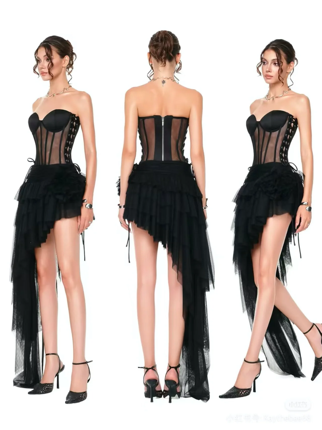 Black Sexy Mesh See Through Waistcoat Puffy Slanted Hem Strapless Dress Fashion Birthday Party Dress Music Festival Outfit