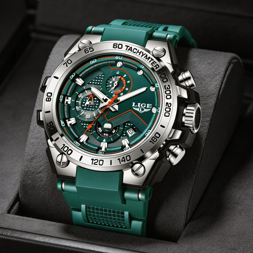 LIGE Tactical Man Wristwatch Chronograph Date Waterproof Silicone Strap Casual Quartz Men's Watches Sports Male Clock Relojs+Box