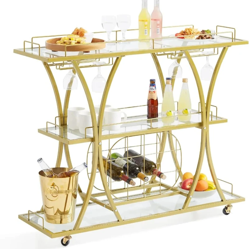 

Bar Cart Gold, 3 Tiers Home Bar Serving Cart on Lockable Wheels, Rolling Alcohol Cart with Tempered Glass Shelves Guardrail