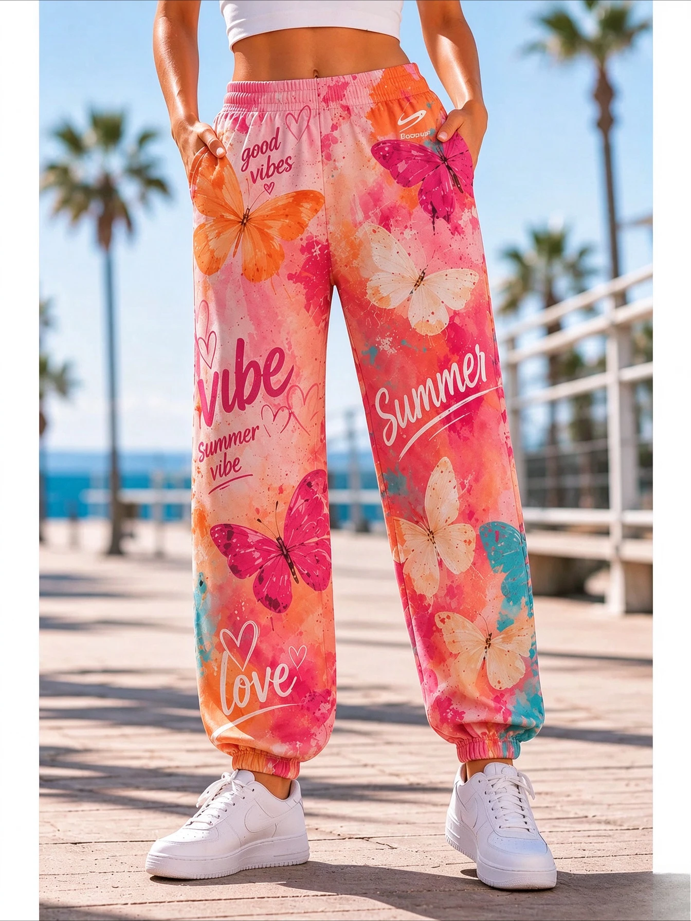Soft Comfy Gradient Butterfly Print Baggy Women's Sweatpants with Pockets Elastic Cuffs All-match Daily Casual Jogger Pants