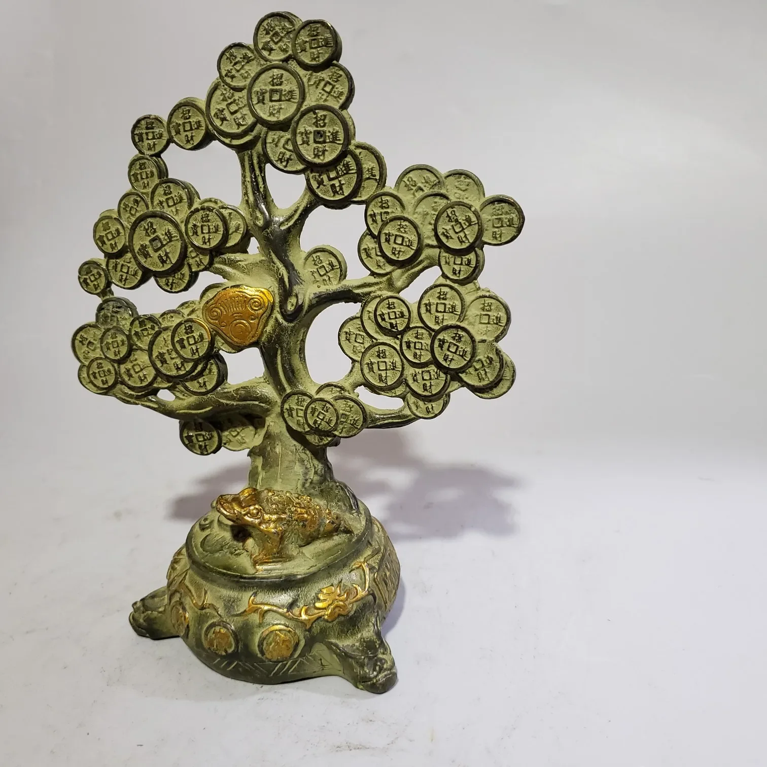 Chinese Brass Coin Tree Statue Feng Shui Wealth Money Toad Figures Decor