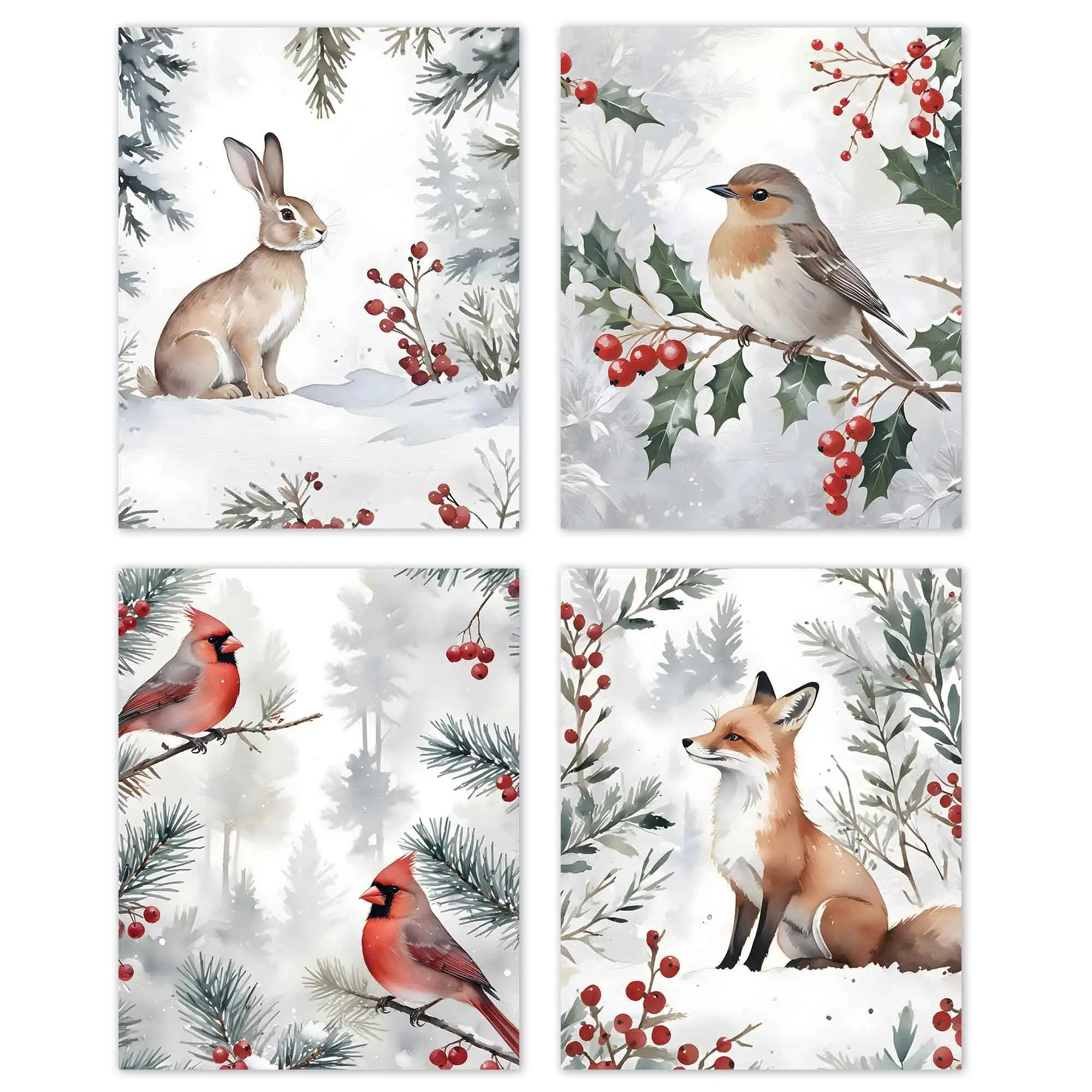 4PCS Winter Woodland Animals Wall Art Prints, Rabbit Fox Cardinal Bird Watercolor Posters, Christmas Canvas Painting Home Decor