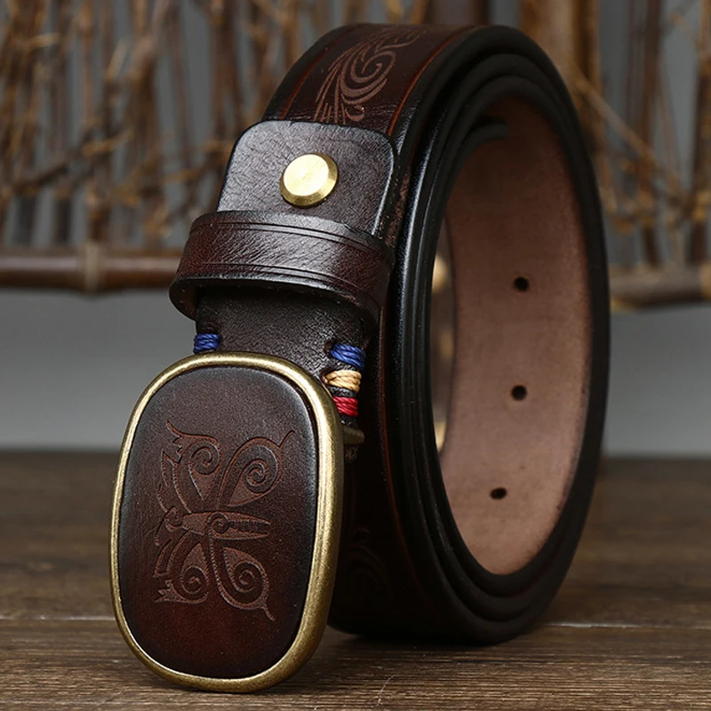 Retro Genuine Leather Tough Guy Men Belt High-Quality Pure Copper Buckle Lucky Totem Classic Floral Engraved Waist Male Strap