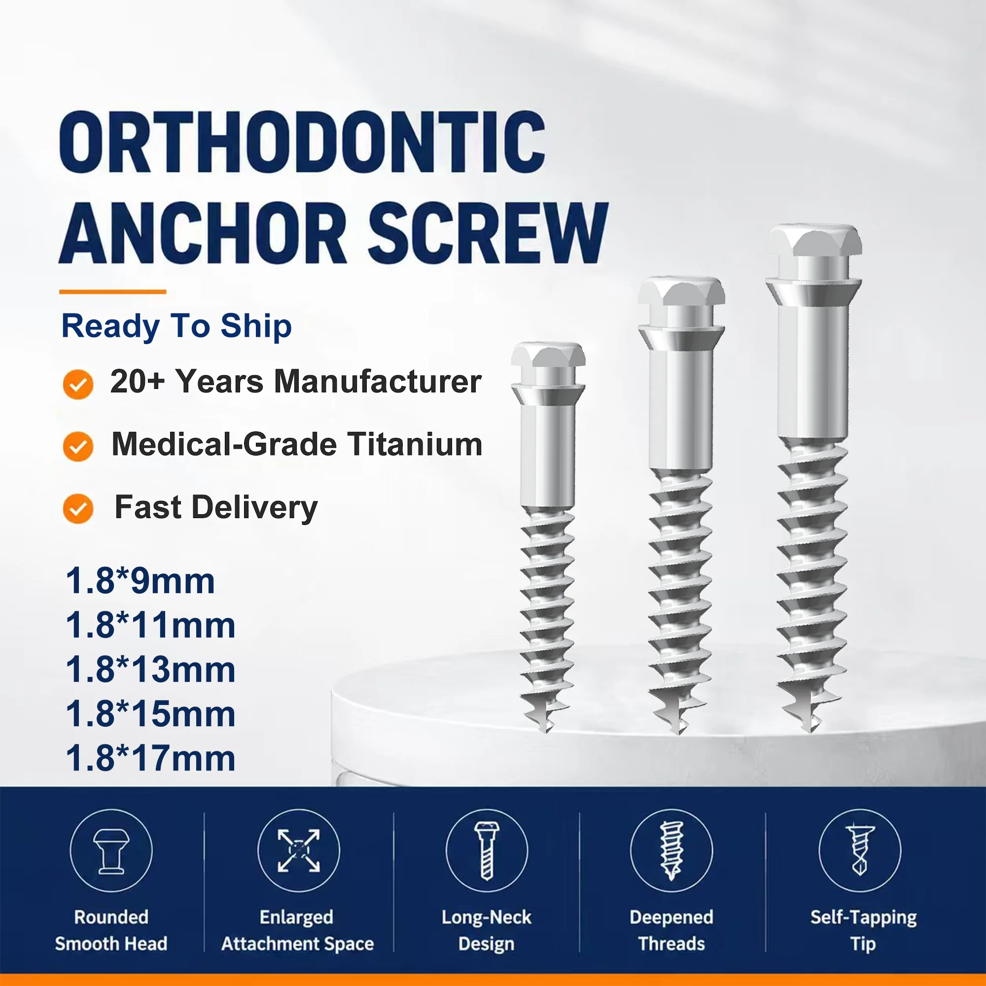 SmileRevive Sterile Individually Packaged Orthodontic Mini Screw TAD Anchor for Orthodontics 1.8*9/11/13/15/17