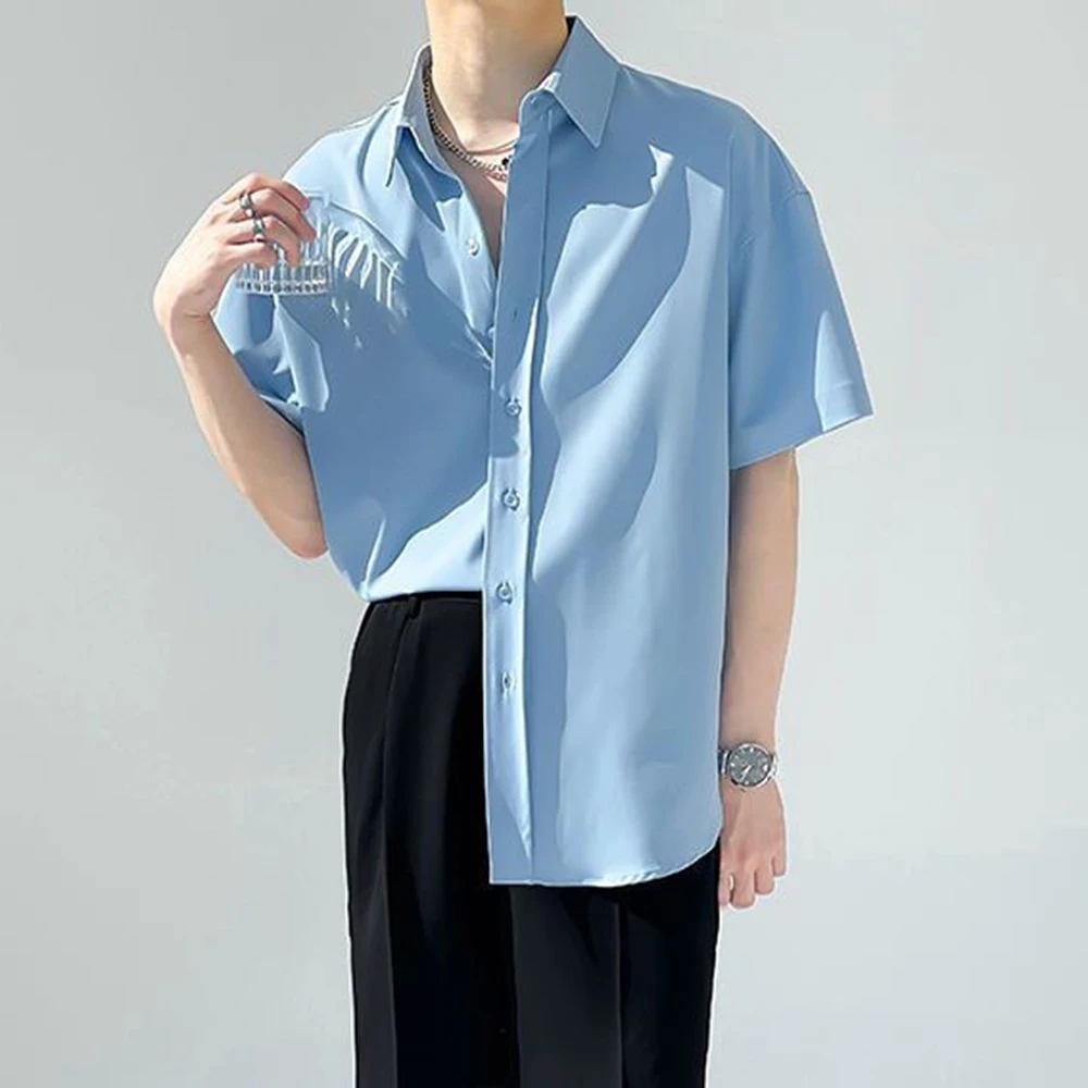 

2026 Summer New Men's Solid Color Short-Sleeve Shirt Retro Fashion Trendy High Street Casual Simple Loose Breathable Men's Top